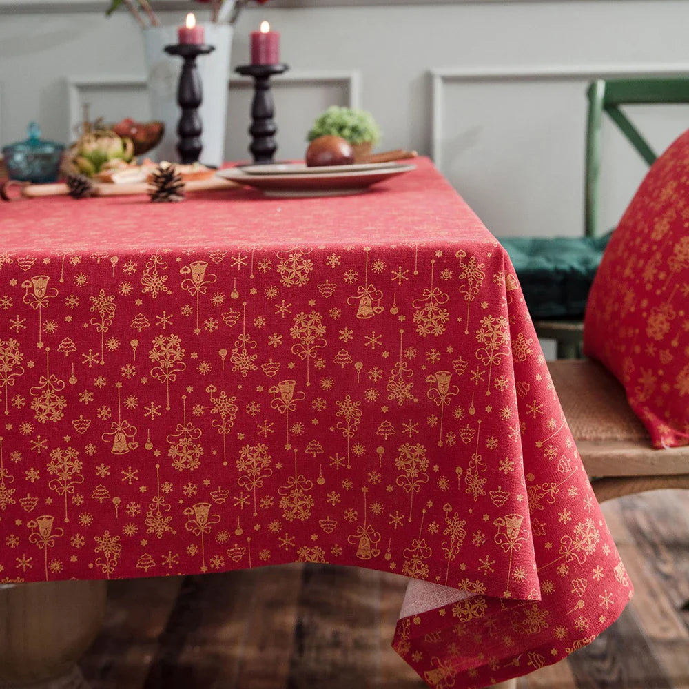 Linen Cotton Christmas Party Tablecloth Japanese Green Bronzing Wind Chimes Rectangle Dinning Table Cover for Home Decorative