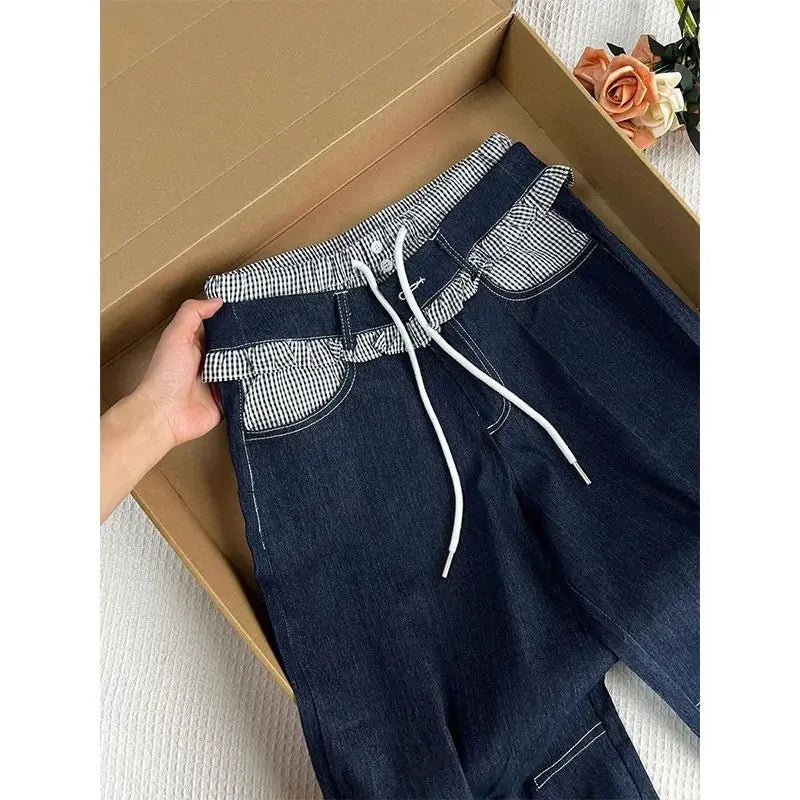 Plaid Patchwork Denim Pants