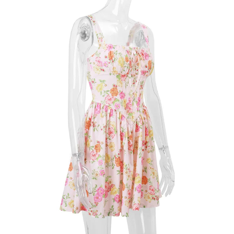 Printed Square Neck Strap Corset Mini Dress