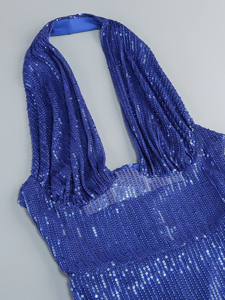 Sequin Halter Deep Neck Maxi Dress