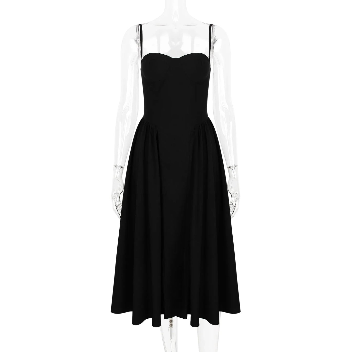 Solid Spaghetti Strap Bustier Pleated Midi Dress