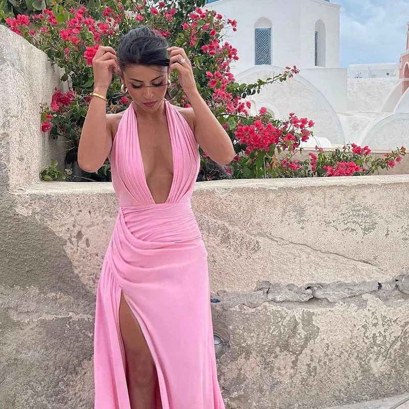 Halter Drape Deep Neck Slit  Long Dress