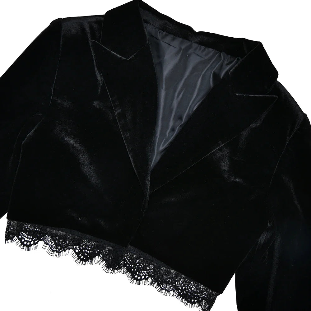 Black Velvet Lace Trim Crop Blazer And Shorts Set
