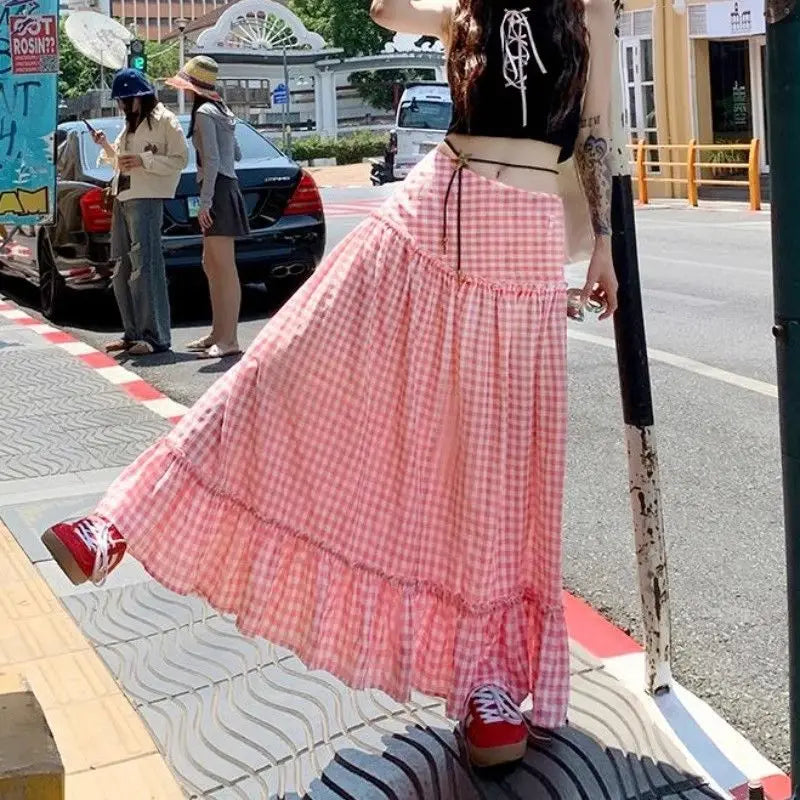 Pink Checkered Long Skirt - Casual A-Line