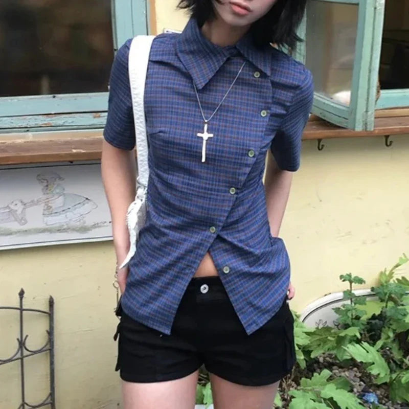 Plaid Irregular Buttoned T-shirt