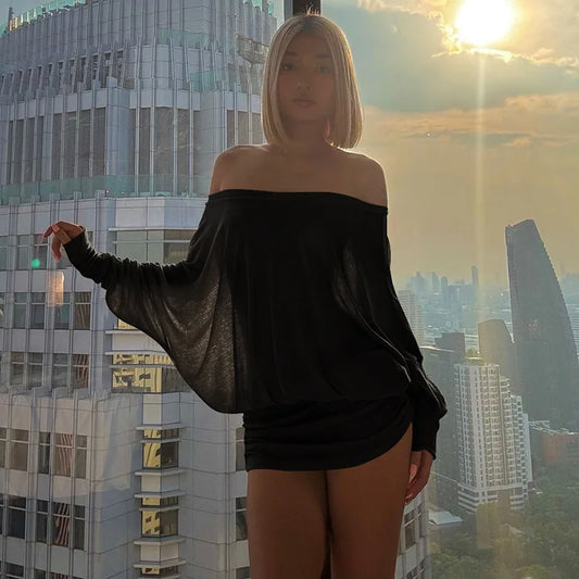 Sheer Off-shoulder along Sleeve Puff Mini Dress