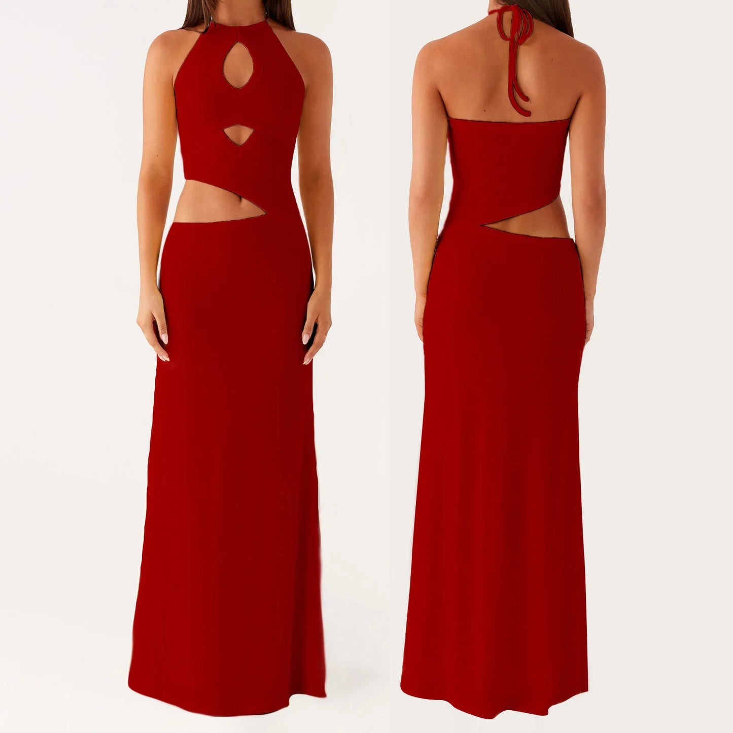 Cutout Solid Long Dress - Halter Neck A-Line