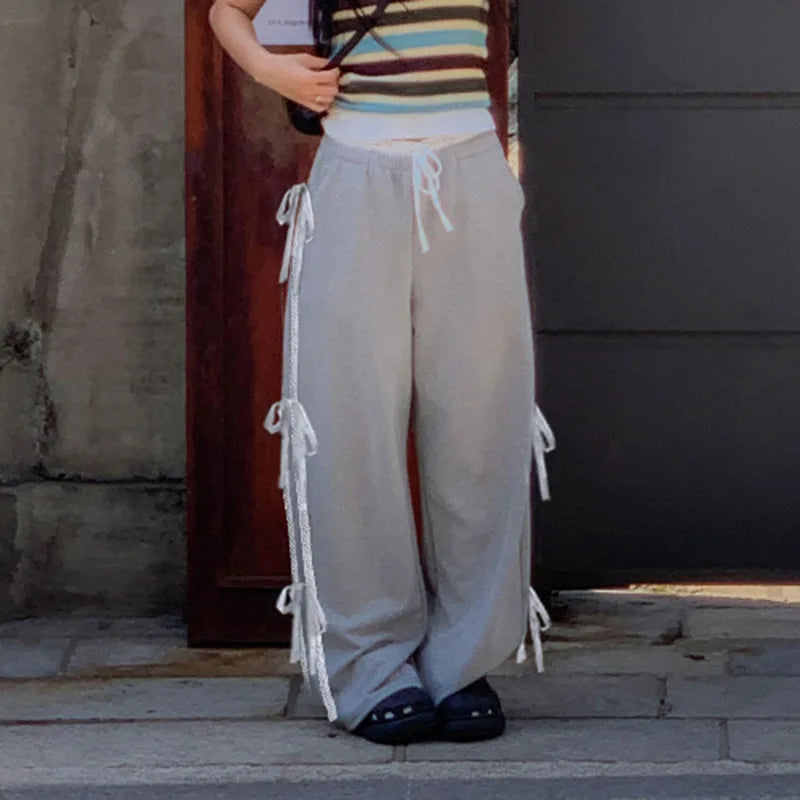 Grey Stripe Ribbon Drawstring Sweatpants