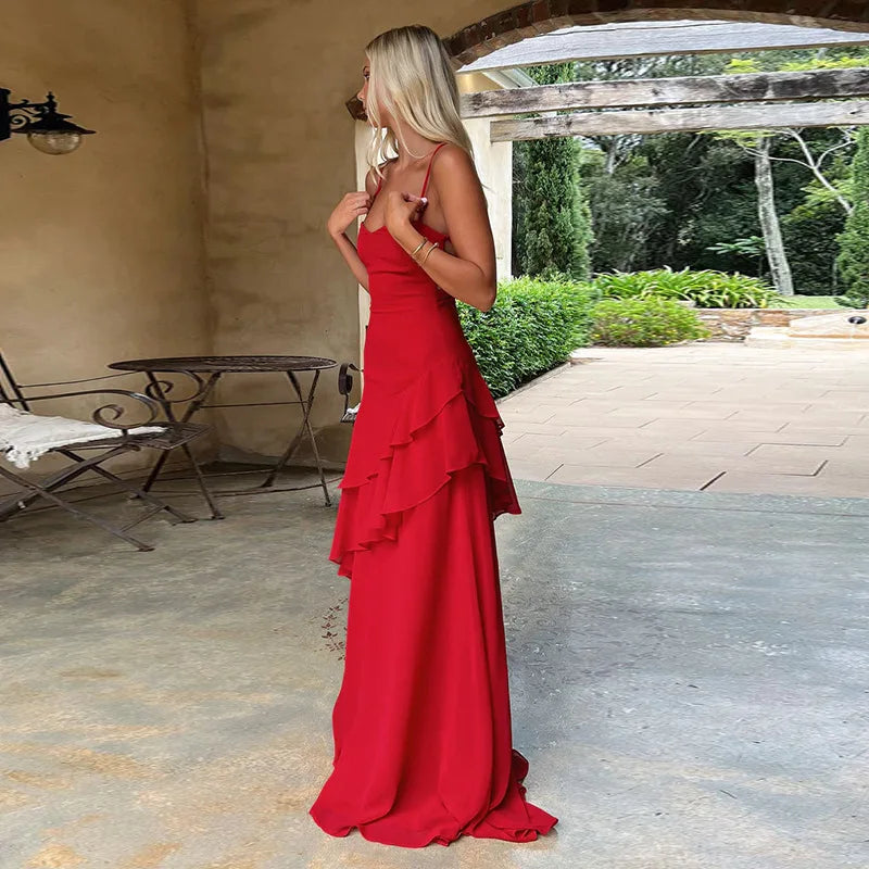 Red Ruffled Maxi Dress â€?Lace-Up Strappy Back