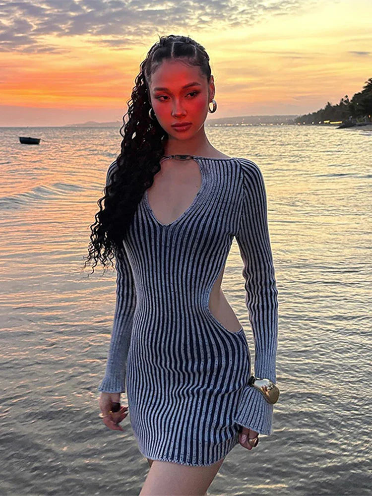 Striped Knitted Cut Out Long Sleeve Mini Dress
