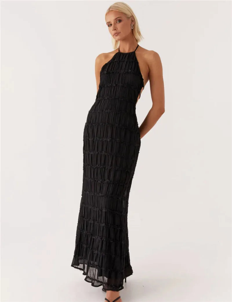 Halter Textured Open Back Maxi Dress