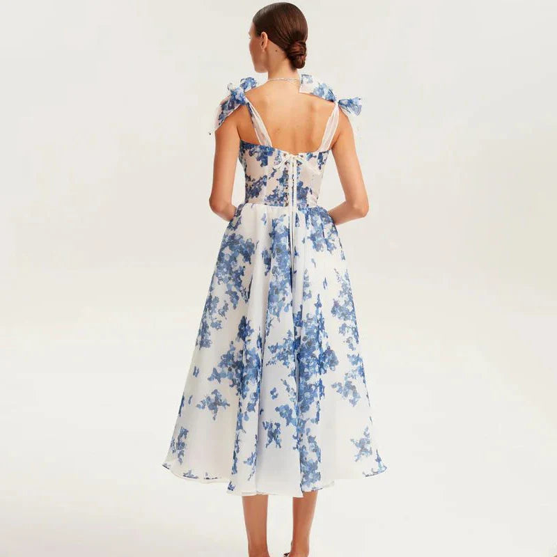 Floral Print Tie Up Buster Flare Mesh Midi Dress