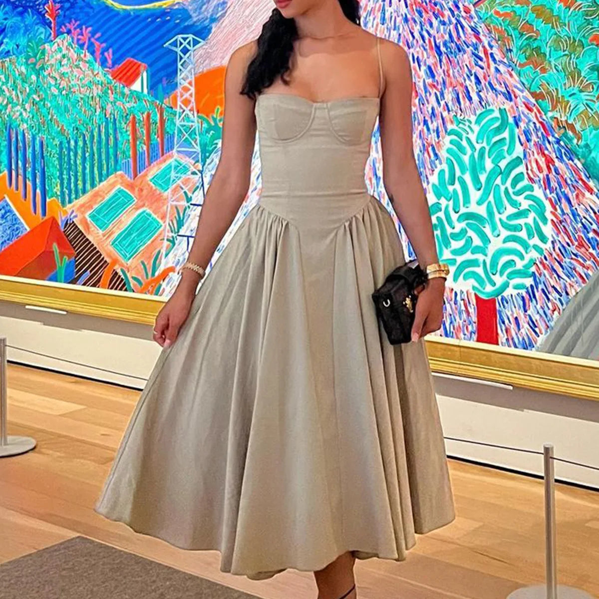 Solid Spaghetti Strap Bustier Pleated Midi Dress