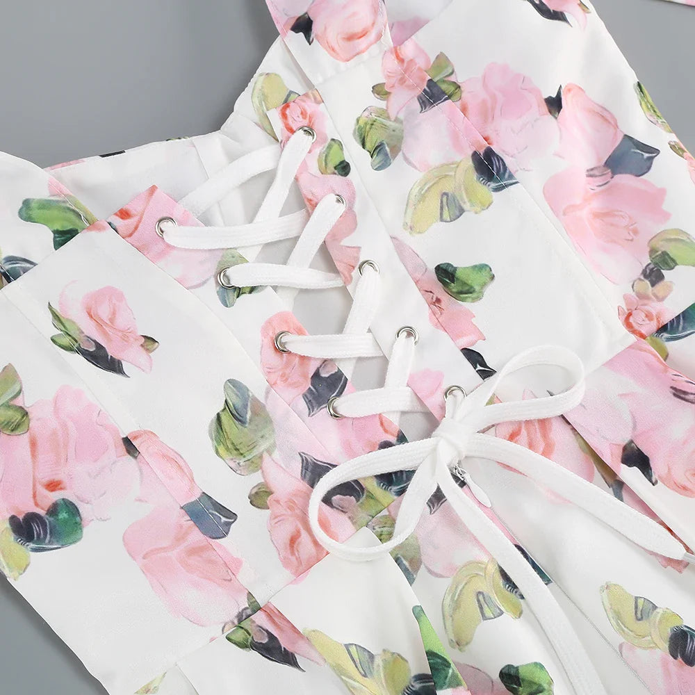 Floral Print Tie Up Buster Flare Mesh Midi Dress