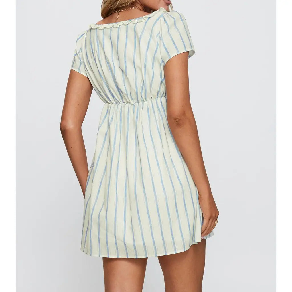 Ruffled Trim Square Neck Short Sleeve Loose Mini Dress