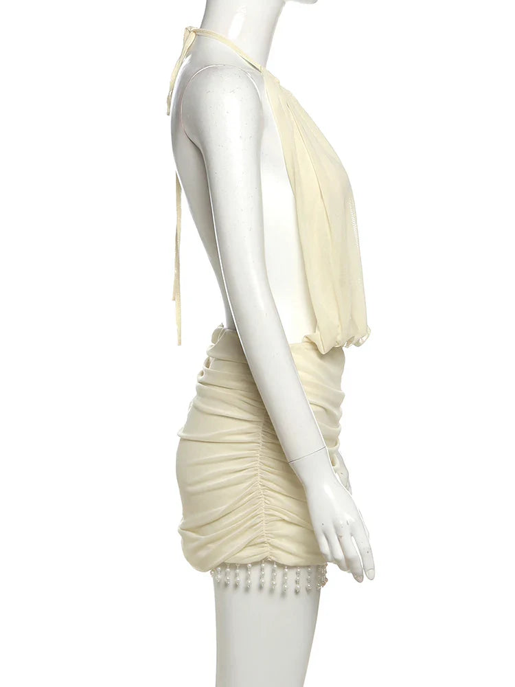 Tassel Halter Pleated Open Back Mini Dress