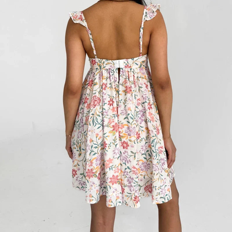 Floral/Solid Frill Strap Flowy Mini Dress