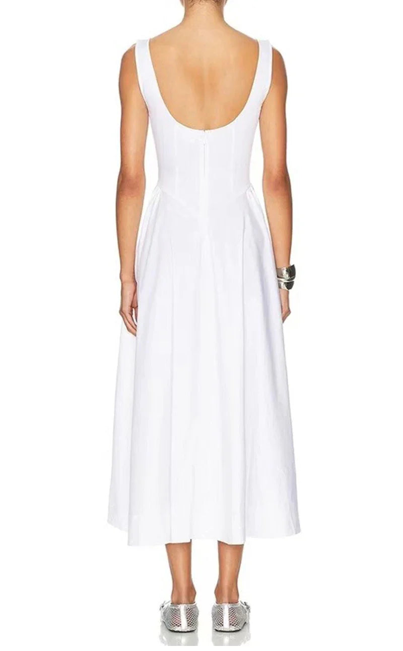 Solid Round Neck Waist A-line Sleeveless Midi Dress
