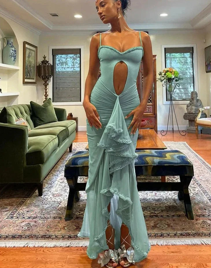 Hollow Out Ruffles Strap Midi Dress