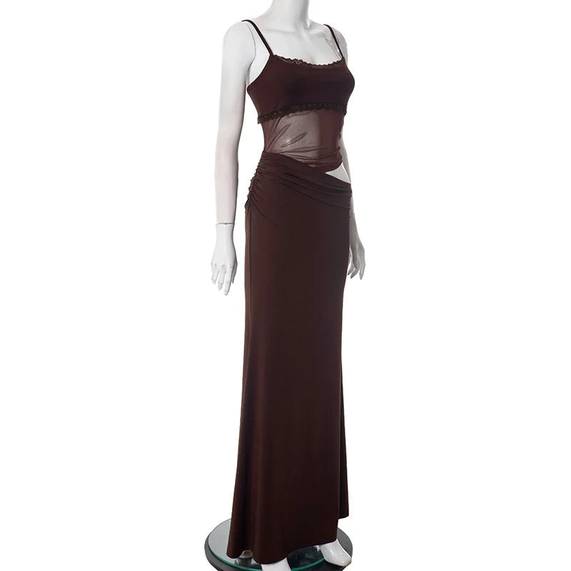 Brown Spaghetti Strap Mesh Patchwork Maxi Dress