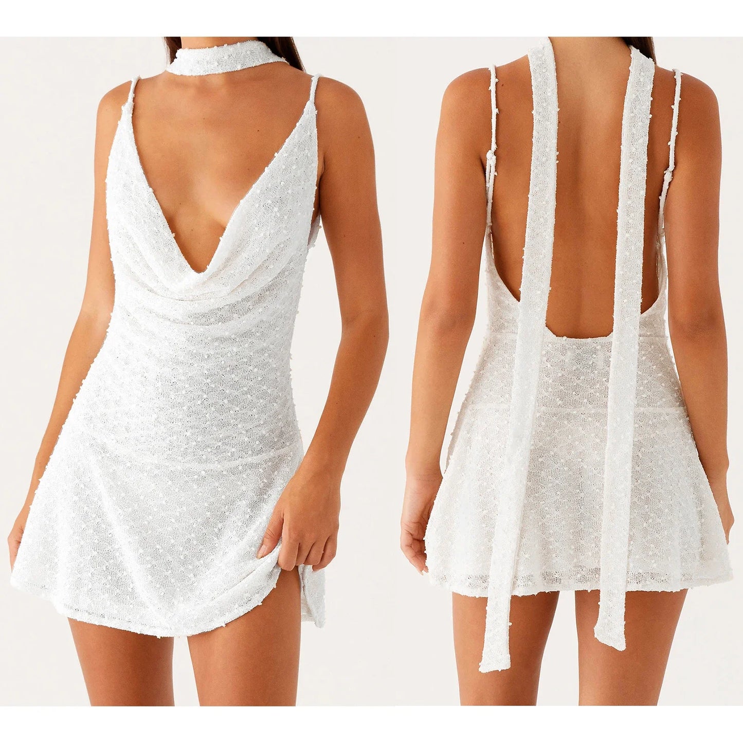 Sheer Cowl Ruffled Hem Cami Dress with Scarf - Mini A-Line