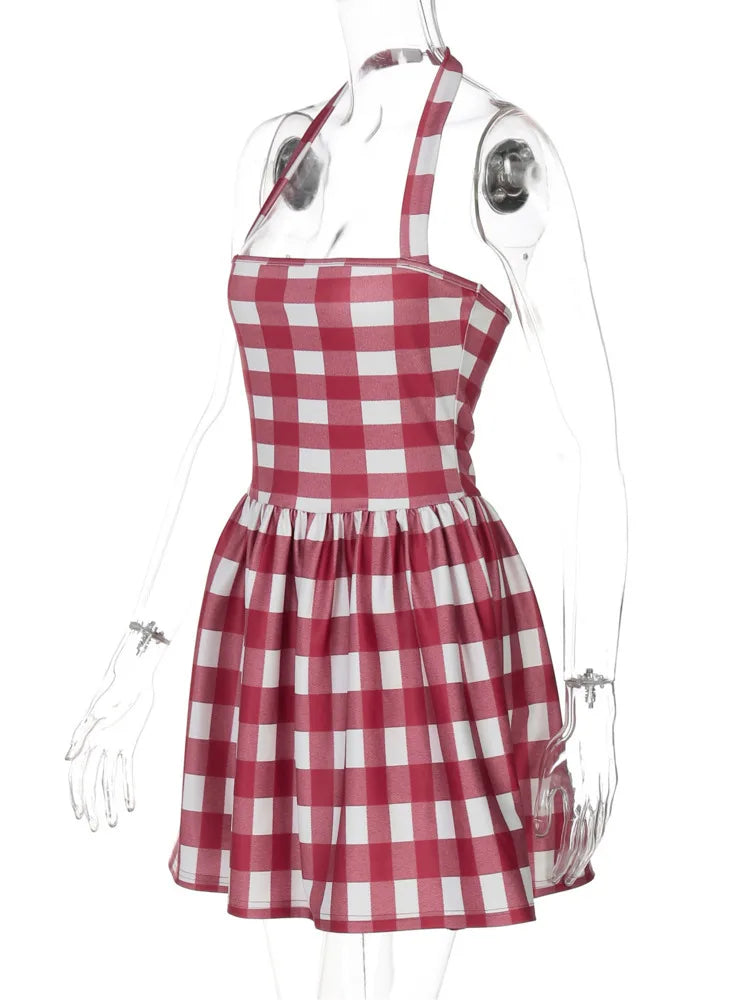 Red Halter Plaid Print Mini Dress