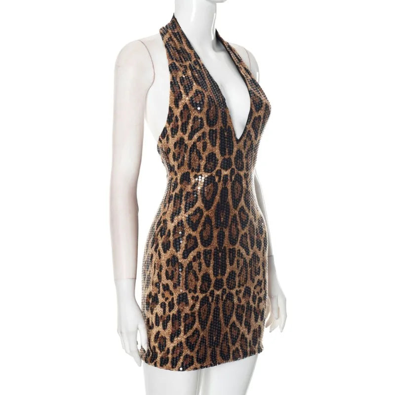 Leopard Print Sequin Deep Neck Halter Mini Dress
