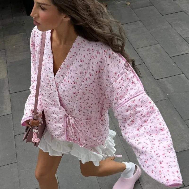 Women's Pink Printed Casual Knit Cardigan - Autumn/Winter Warm