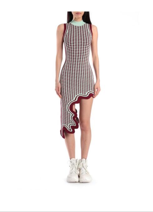 Asymmetrical Wavy Hem Round Collar Knit Midi Dress