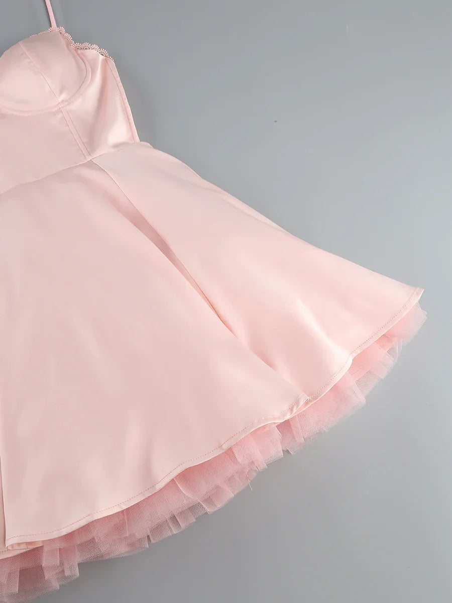 Satin Tulle Frill Strap Mini Dress