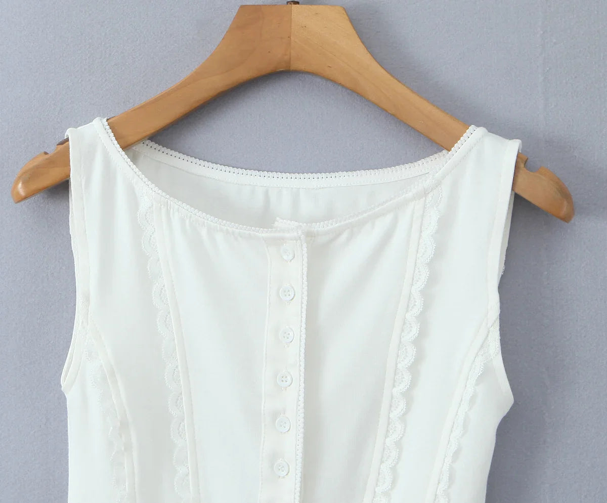 Buttoned Lace Trim Tank Top