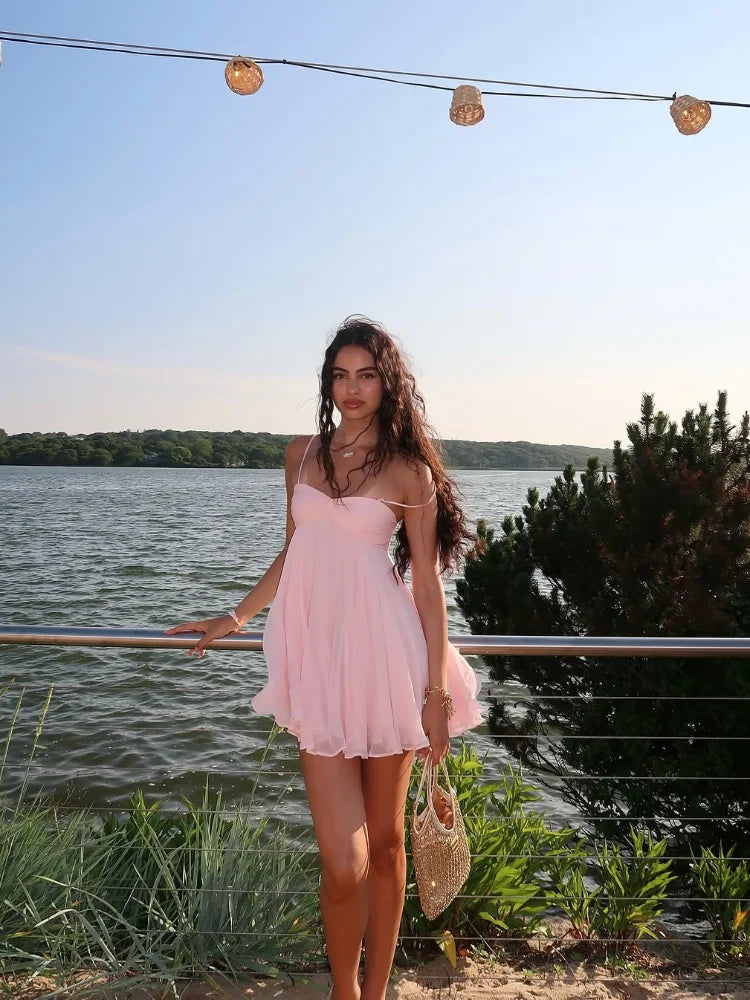 Pink Chiffon Ruffles Sling Mini Dress