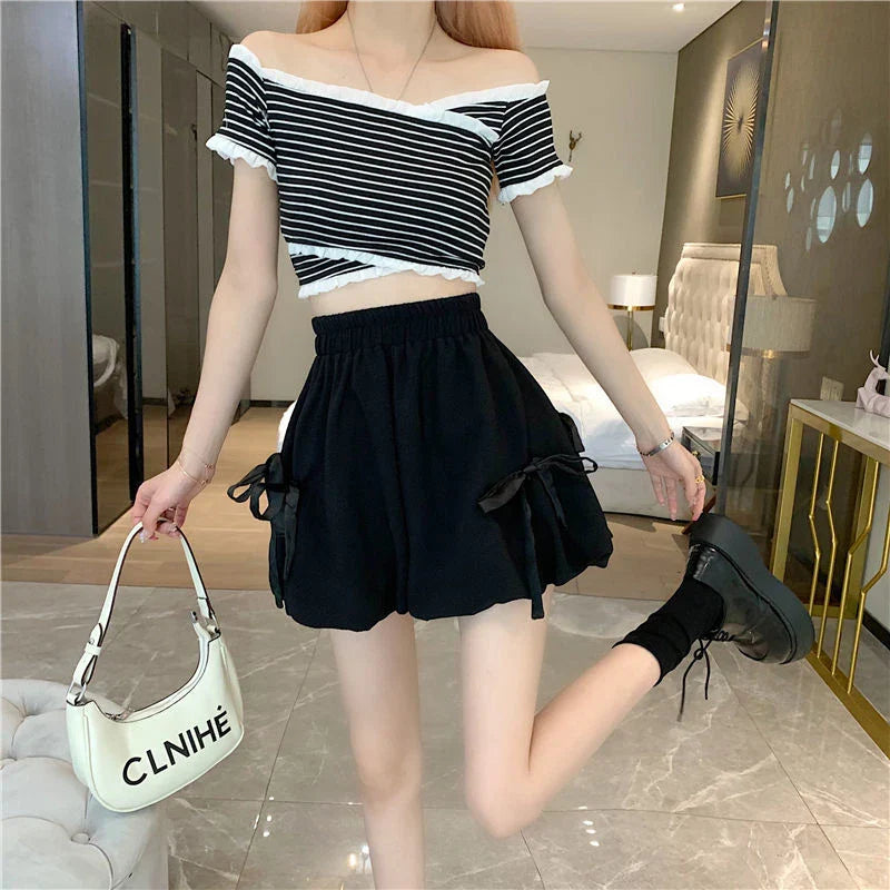Bow Elastic Loose Bloomer Shorts