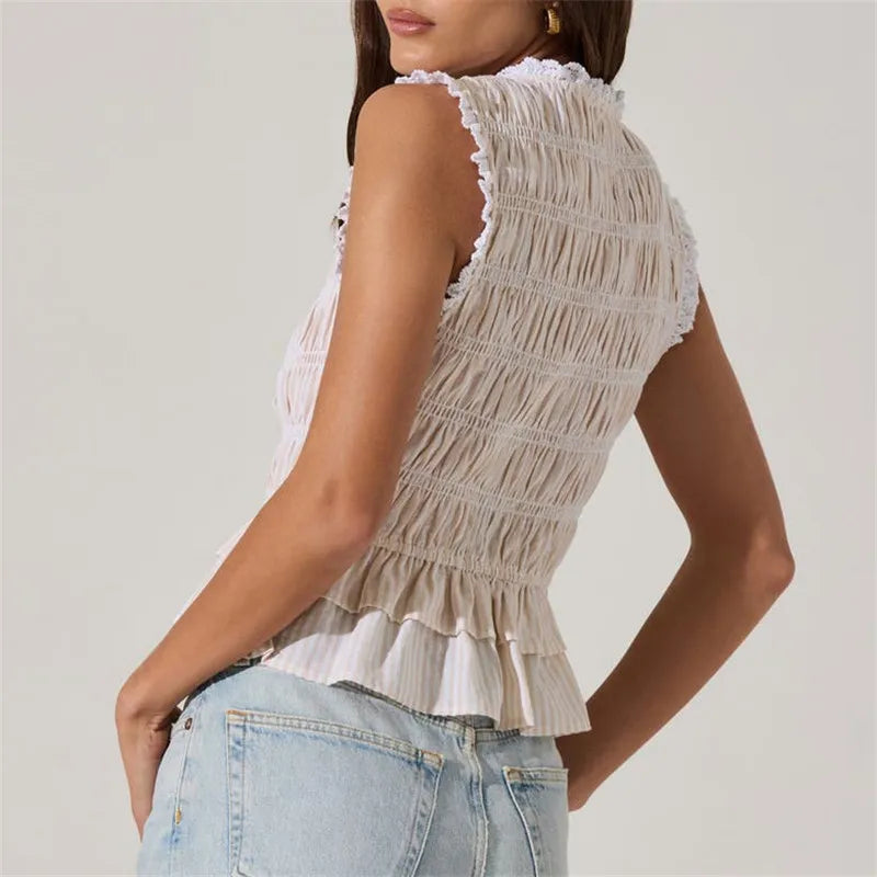 Sleeveless V Neck Bow Smocked Crop Top
