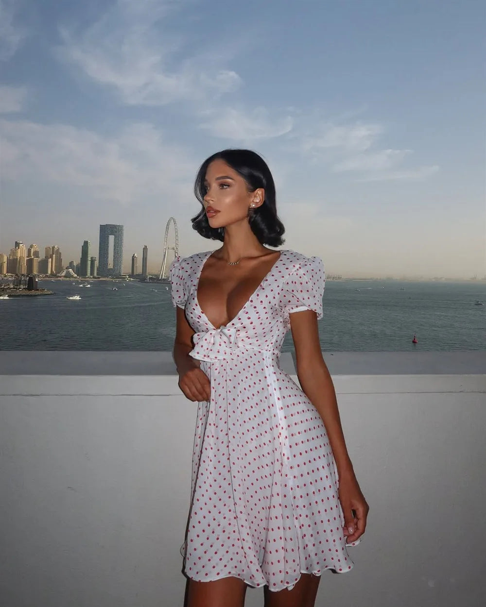 Short Sleeve Tie Up Polka Dot A-Line Mini Dress