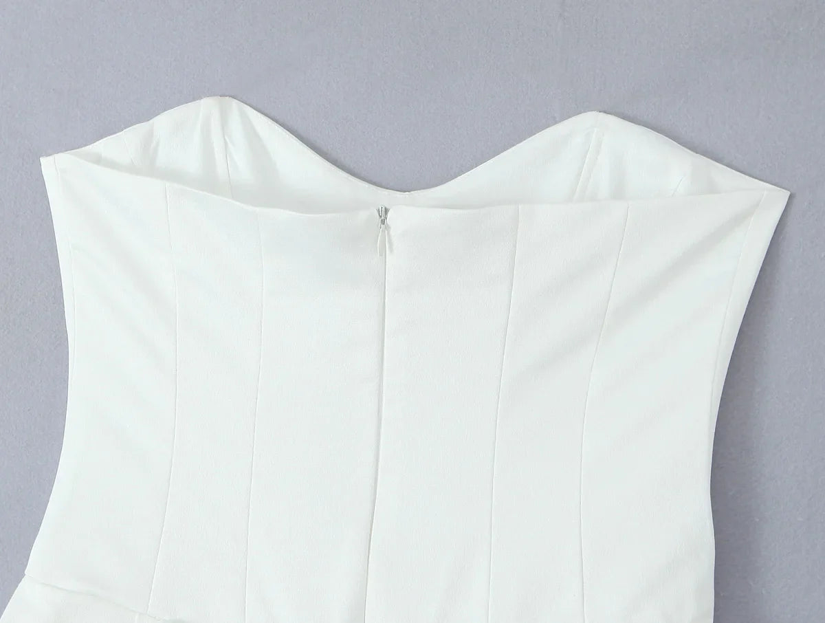 White Satin Tulle Back Bow Mini Strapless Dress