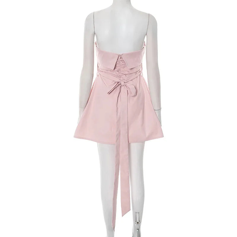 Strapless Ruched Back Tie Up Mini Dress