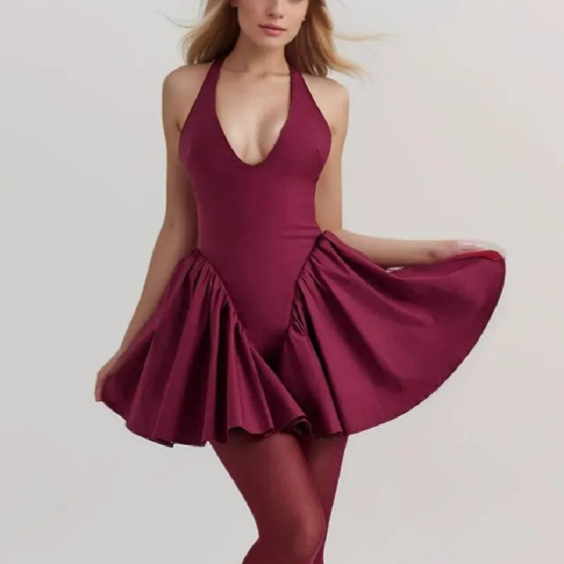Deep Halter Neck Side Flare Mini Dress