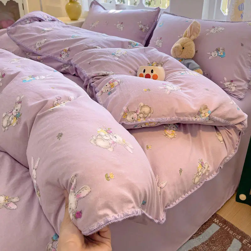 Ins Bedding Set Purple Love Stripe Double Layer Yarn Four Piece Dormitory Girl Heart Bed Sheet And Quilt Set Washed Cotton