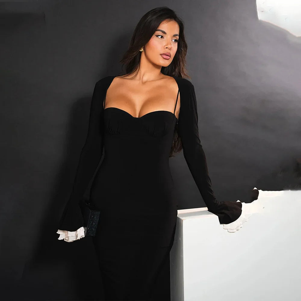 Solid Long Flared Two-piece Crop Sleeve Midi Dress