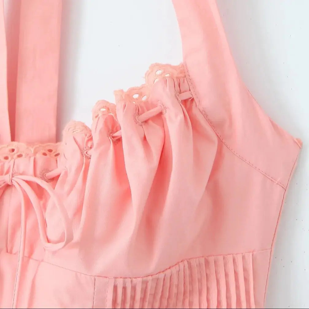 Pink Halter Drawstring Midi Dress