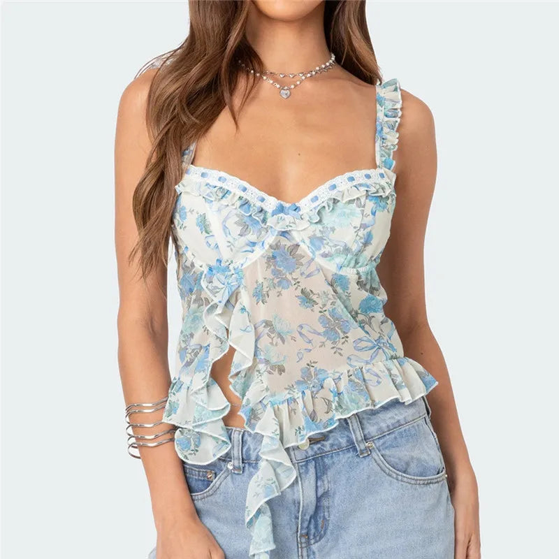 Blue Floral Print Ruffles Tank Top