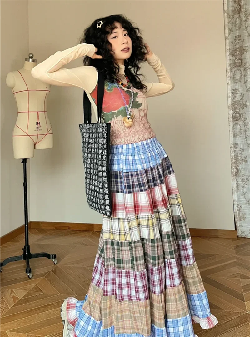 Plaid Patchwork Ruffles Maxi Skirt - Bohemian A-Line