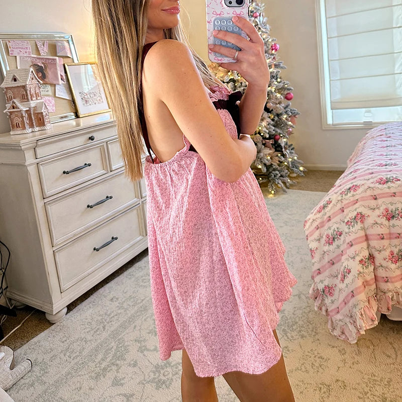 Tie-Up Ruffle Print Babydoll Mini Dress - Casual A-Line