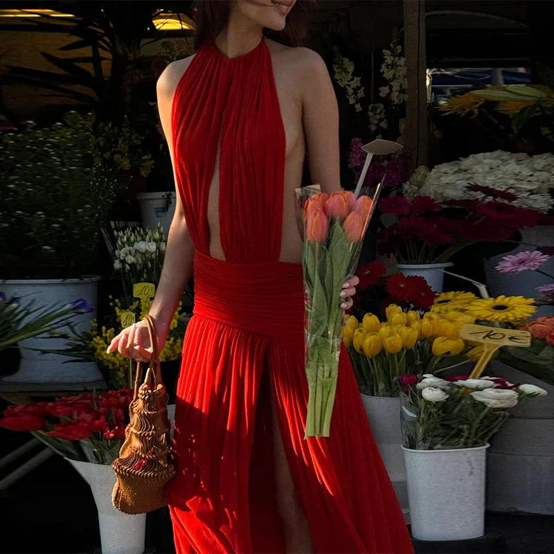 Red Halter Backless Split Deep Maxi Dress
