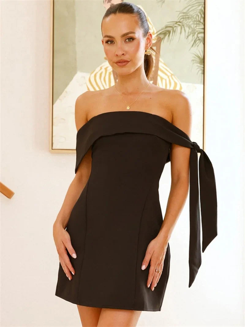 Off-shoulder Tie Up Solid Mini Dress