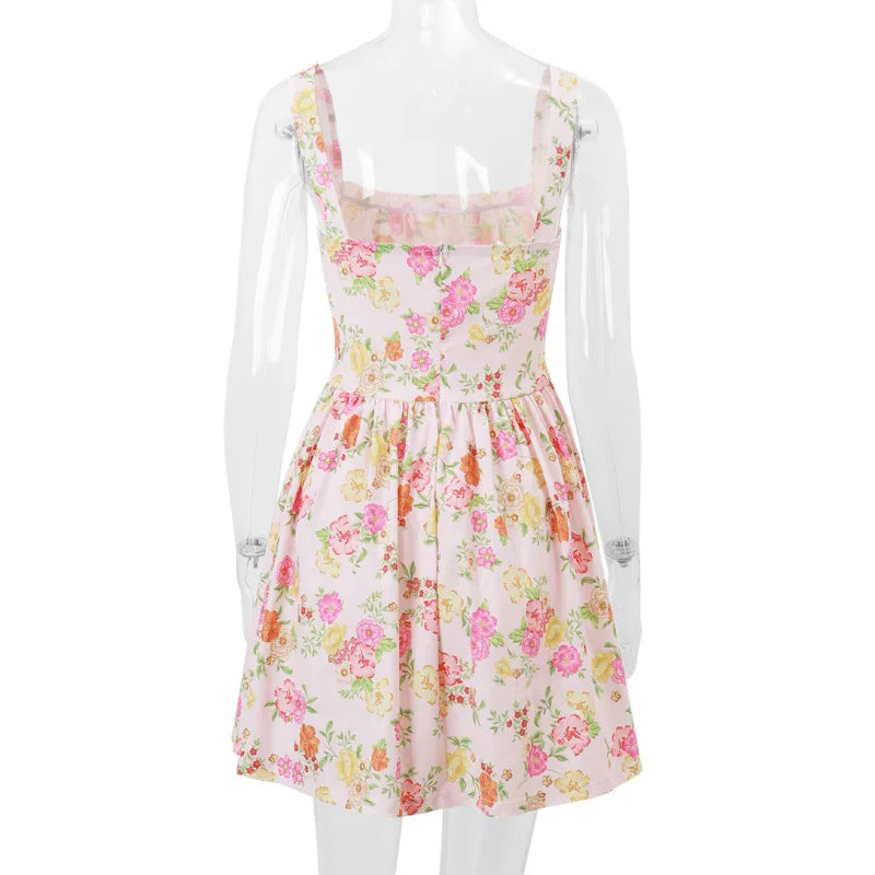 Printed Square Neck Strap Corset Mini Dress