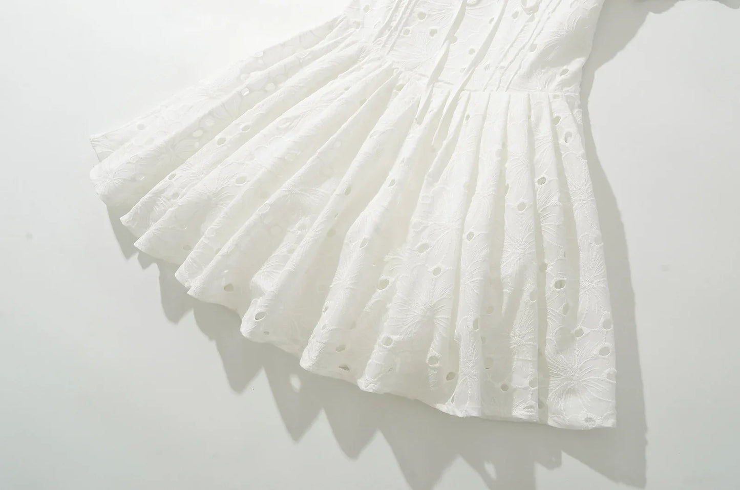 White Doily Embroidery V-Neck Short Sleeve Mini Dress