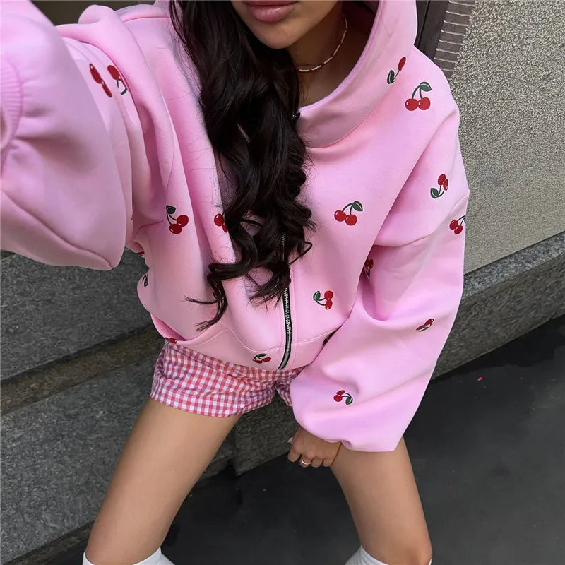 Cherry Print Zip Up Hoodie