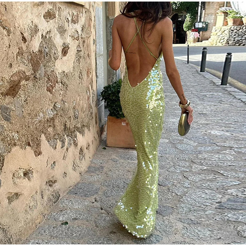 Green Sequin Backless Sling Maxi Dress